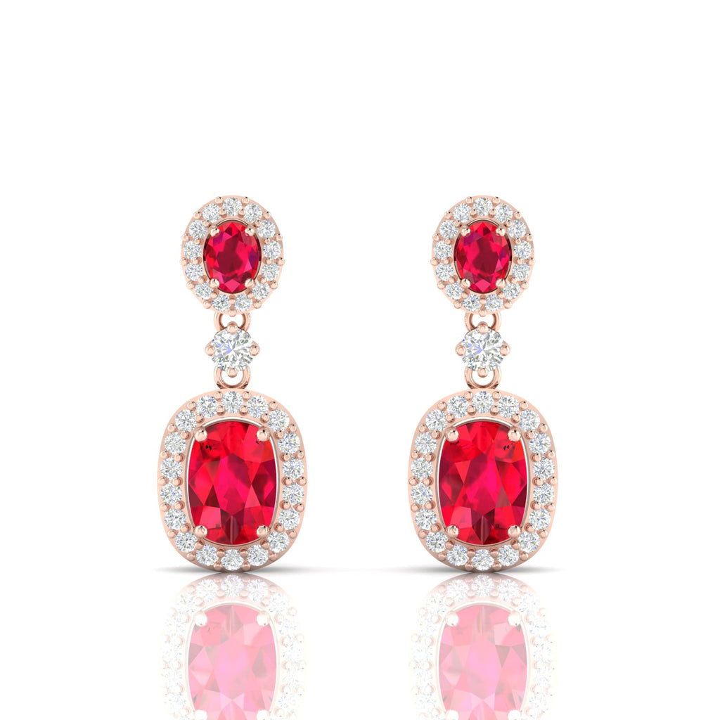Diamond Halo Ruby Dangle Earrings with Rose Gold Plated