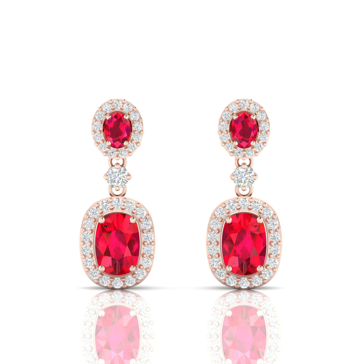 Diamond Halo Ruby Dangle Earrings with Rose Gold Plated