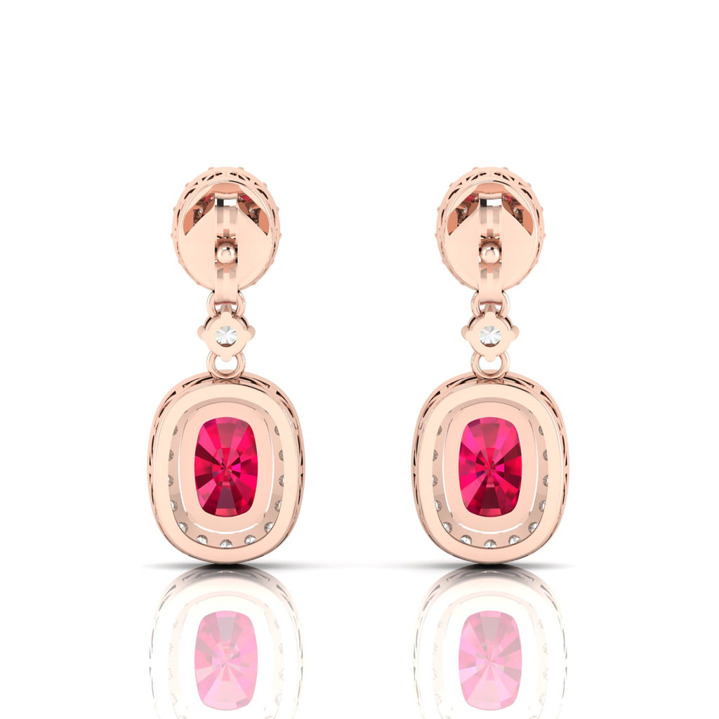 Diamond Halo Ruby Dangle Earrings with Rose Gold Plated