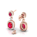 Diamond Halo Ruby Dangle Earrings with Rose Gold Plated