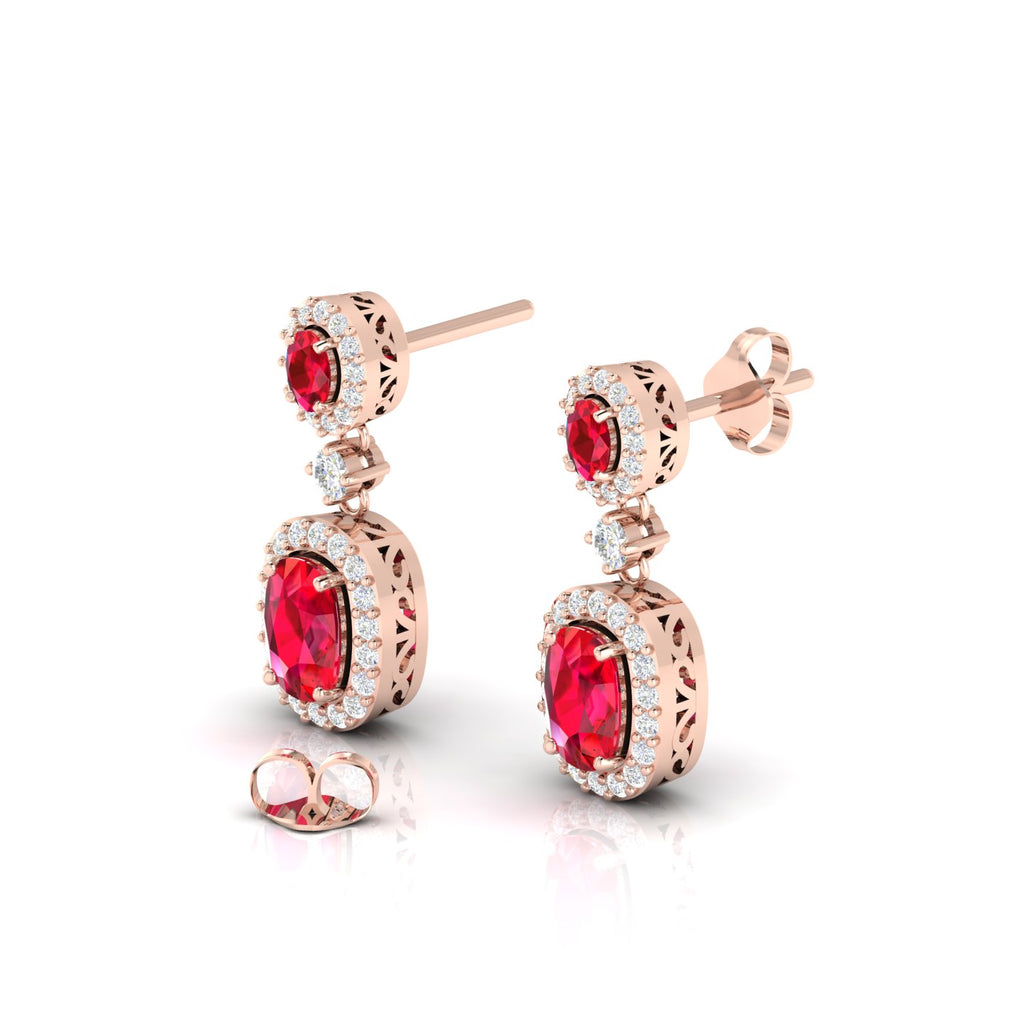Diamond Halo Ruby Dangle Earrings with Rose Gold Plated