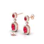 Diamond Halo Ruby Dangle Earrings with Rose Gold Plated
