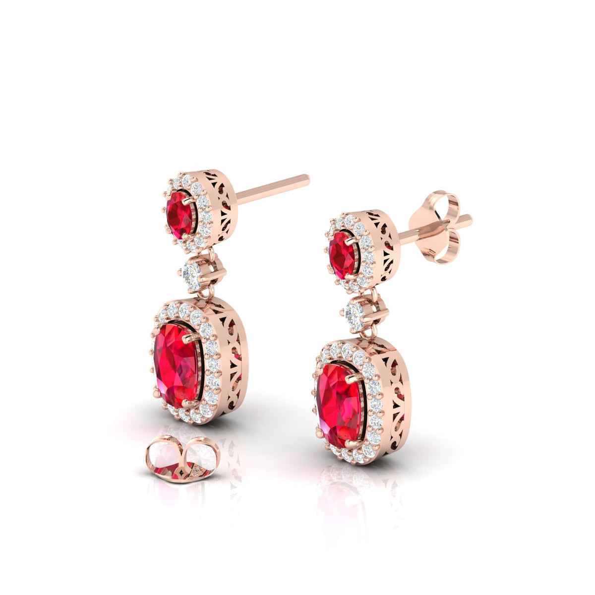 Diamond Halo Ruby Dangle Earrings with Rose Gold Plated
