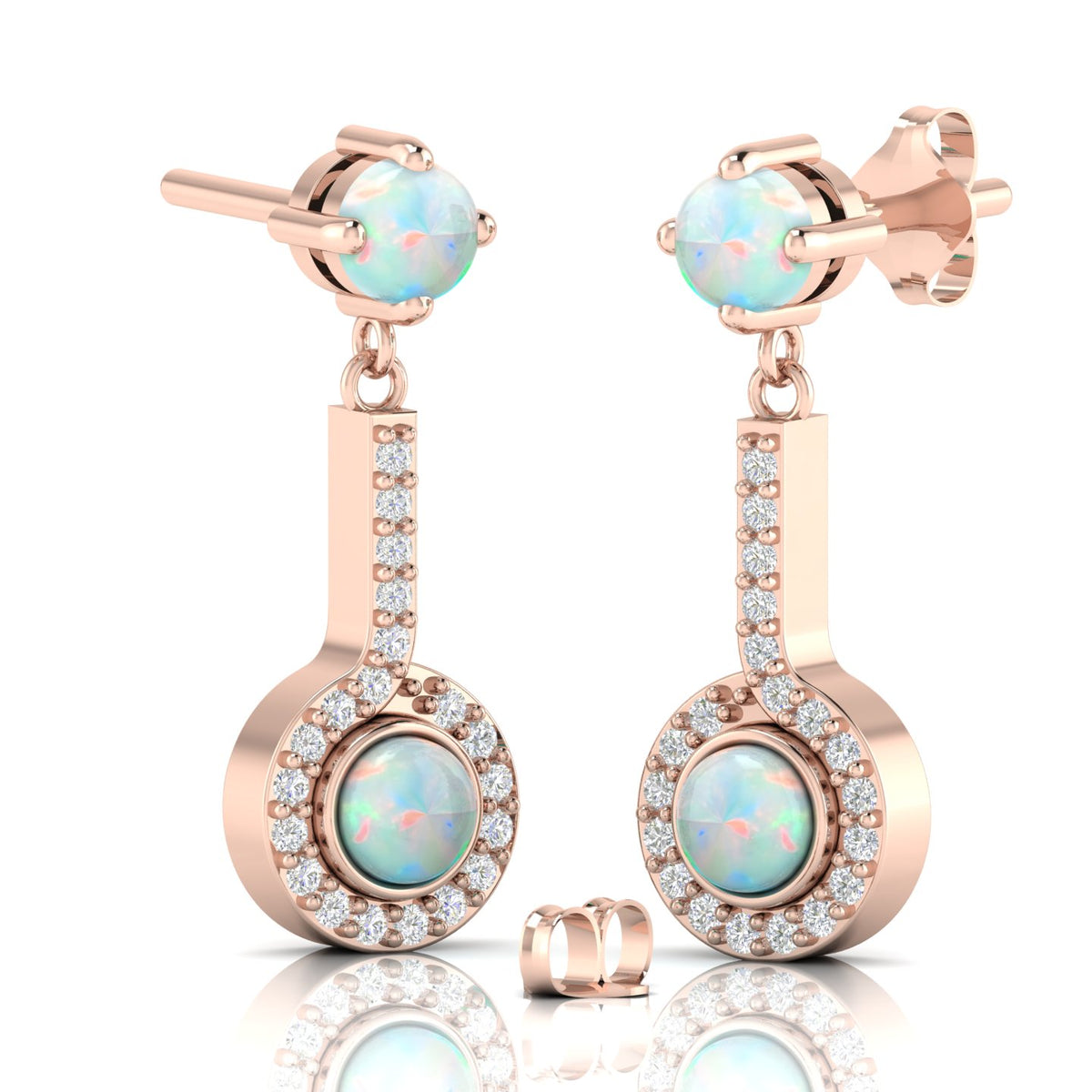 Rose Gold Plated Halo Dangle & Drop Round Opal Earrings
