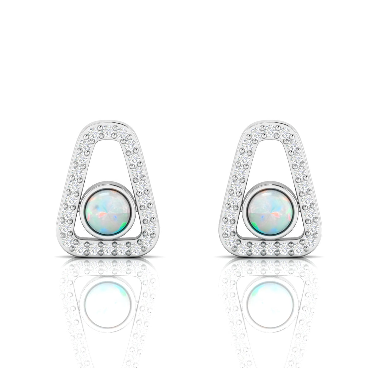 Round Opal Triangular Studs Sterling Silver Earrings