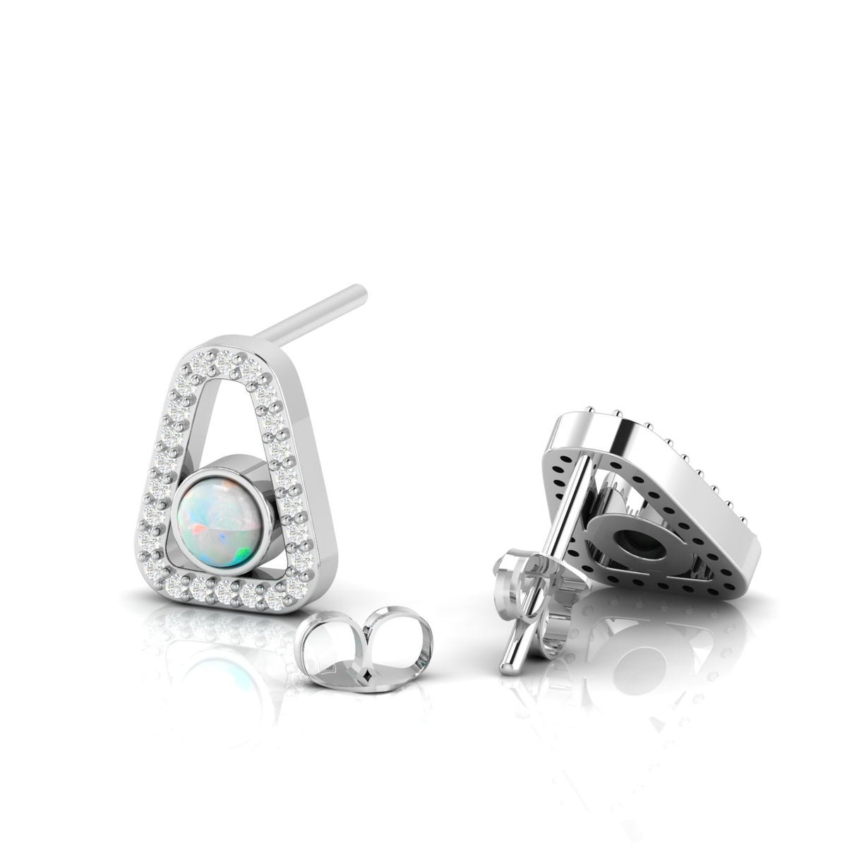 Round Opal Triangular Studs Sterling Silver Earrings