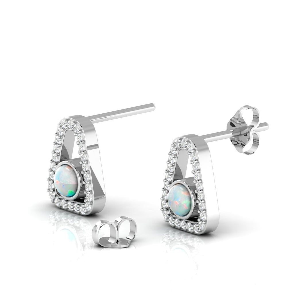 Round Opal Triangular Studs Sterling Silver Earrings