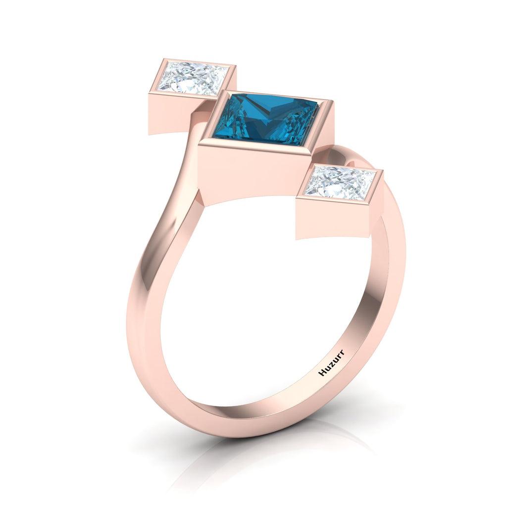 Princess-Cut Black & White Diamond Rose Gold Plated Three Stone Ring