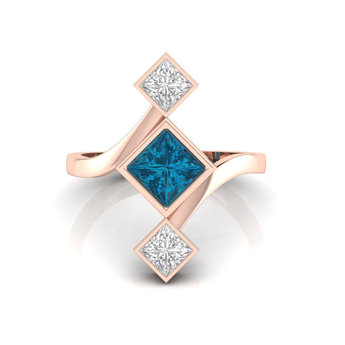 Princess-Cut Black & White Diamond Rose Gold Plated Three Stone Ring