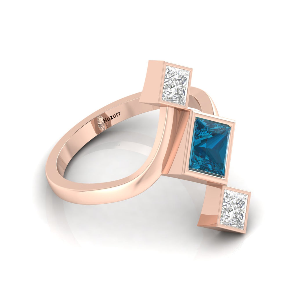 Princess-Cut Black & White Diamond Rose Gold Plated Three Stone Ring
