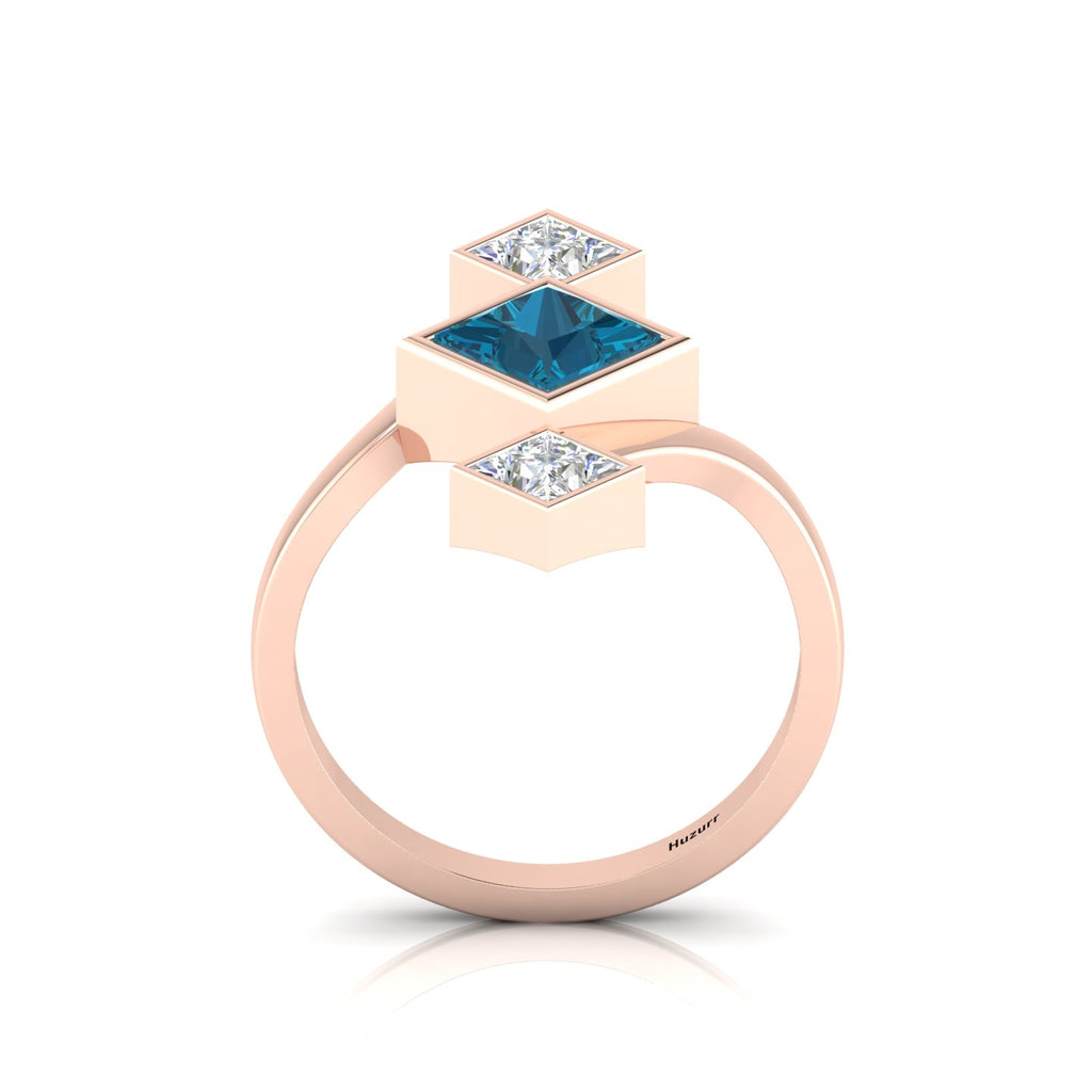 Princess-Cut Black & White Diamond Rose Gold Plated Three Stone Ring