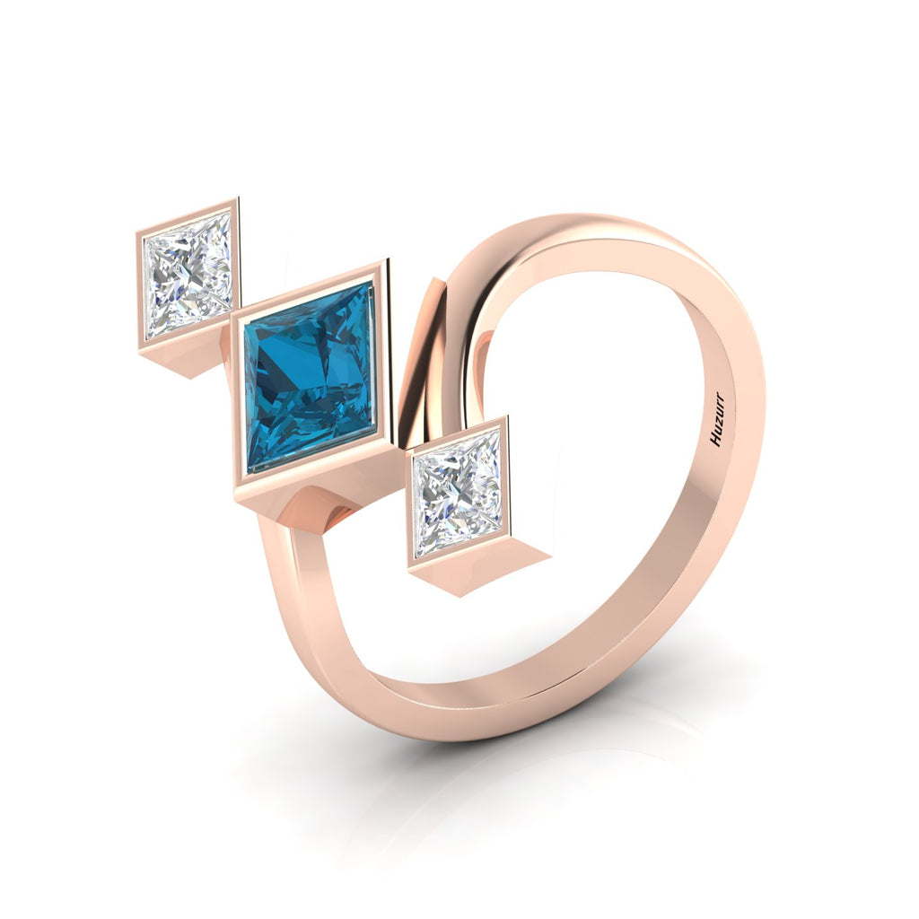 Princess-Cut Black & White Diamond Rose Gold Plated Three Stone Ring
