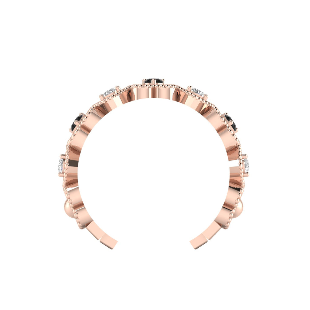 Round Black & White Diamond Rose Gold Plated Heart-Style Adjustable Ring