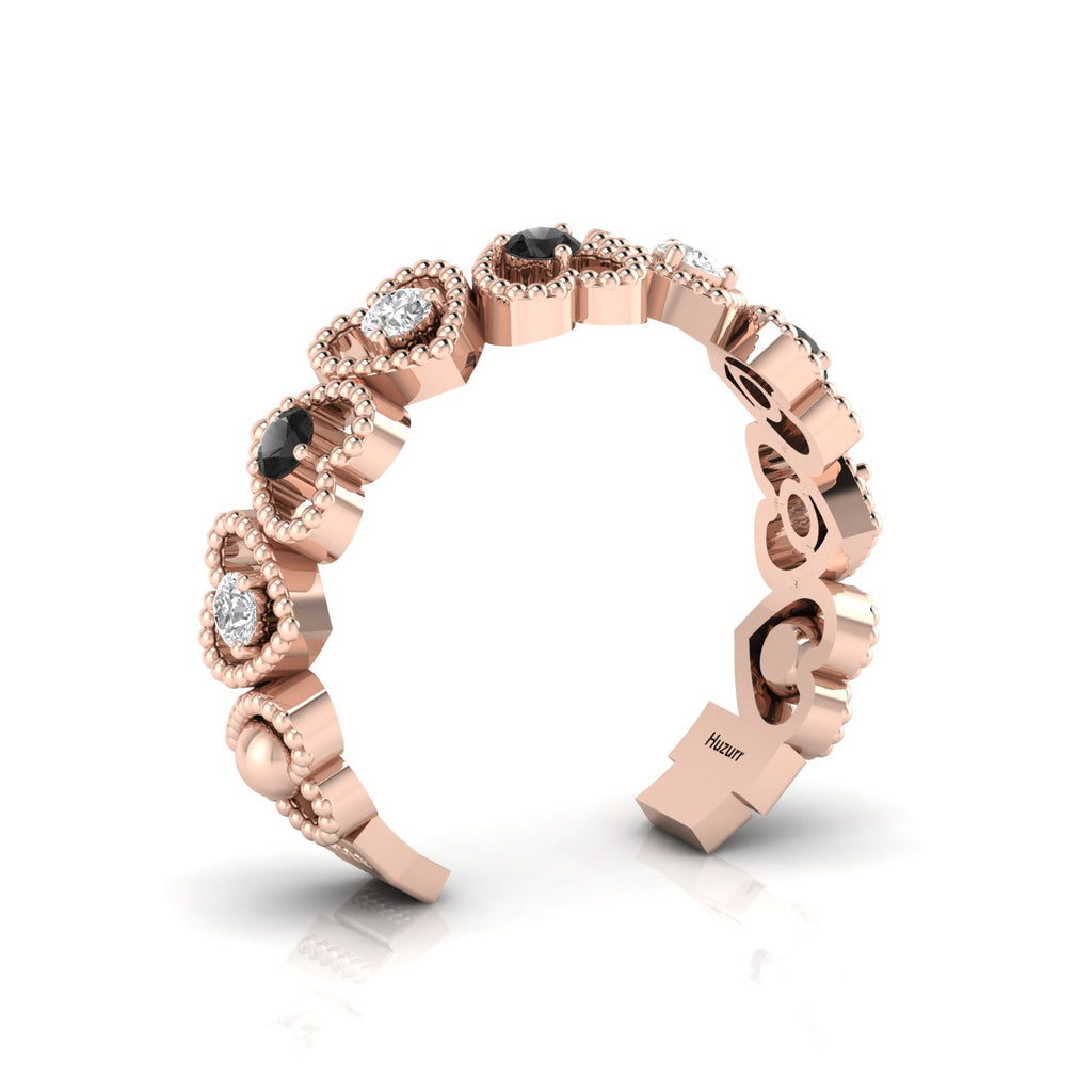 Round Black & White Diamond Rose Gold Plated Heart-Style Adjustable Ring