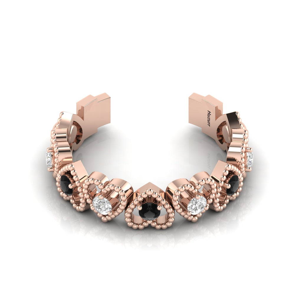 Round Black & White Diamond Rose Gold Plated Heart-Style Adjustable Ring