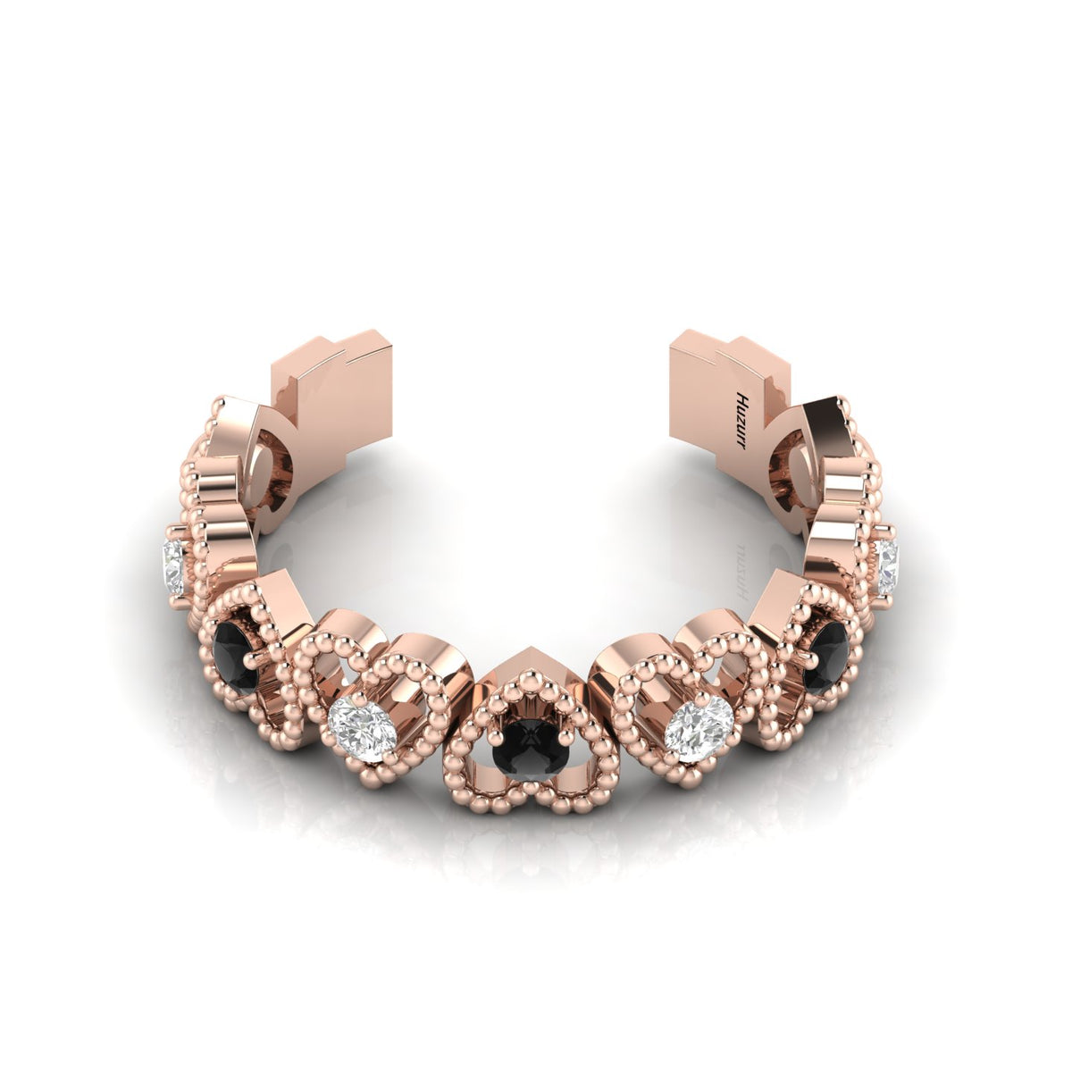 Round Black & White Diamond Rose Gold Plated Heart-Style Adjustable Ring