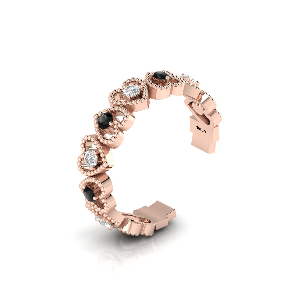Round Black & White Diamond Rose Gold Plated Heart-Style Adjustable Ring