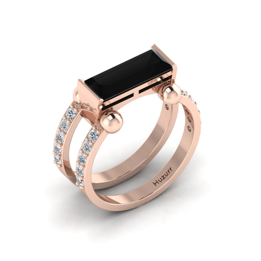Rose Gold Plated Parallel Split Baguette-Cut Black Diamond Solitaire Ring