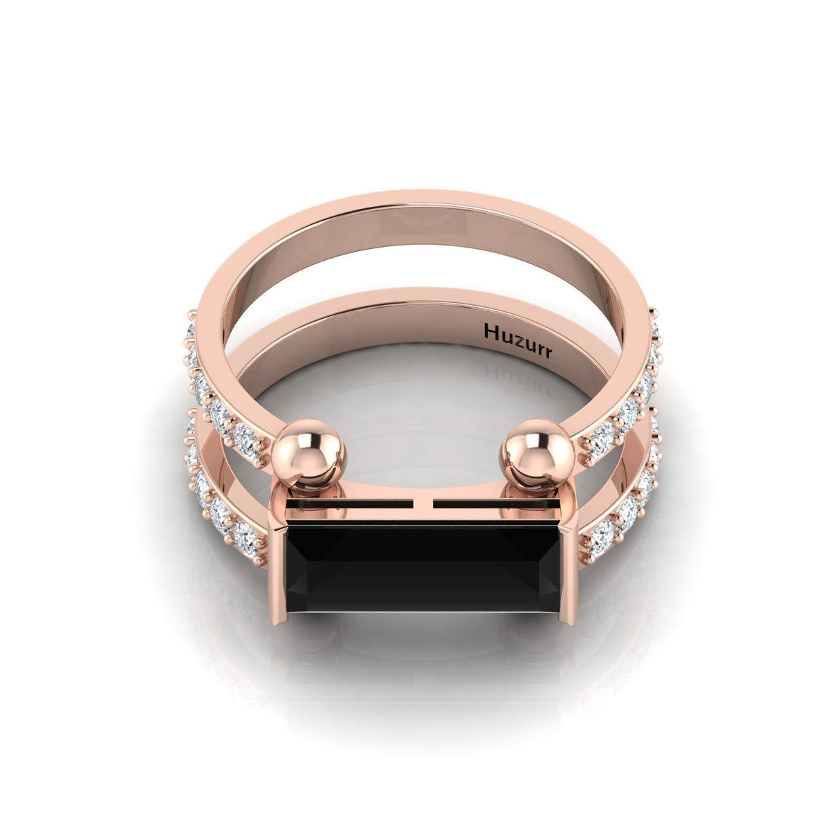 Rose Gold Plated Parallel Split Baguette-Cut Black Diamond Solitaire Ring
