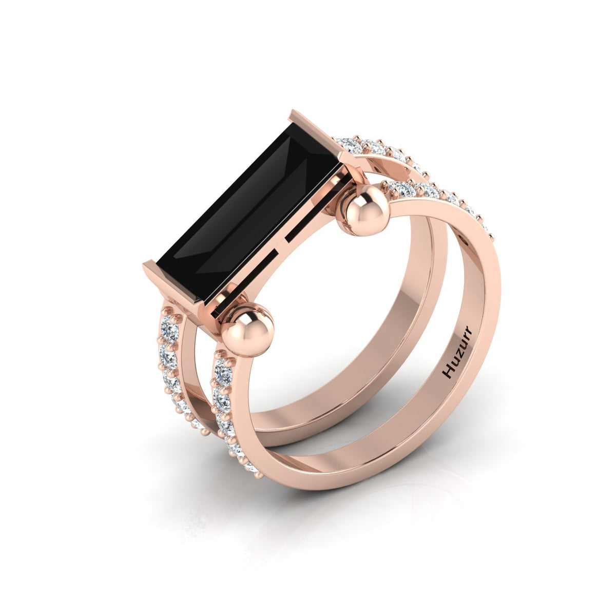 Rose Gold Plated Parallel Split Baguette-Cut Black Diamond Solitaire Ring