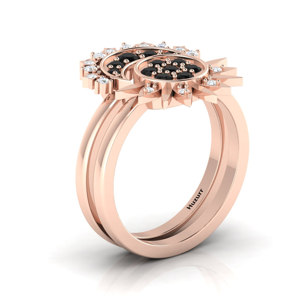 Black Diamond Rose Gold Plated Sun & Moon Double Band Ring