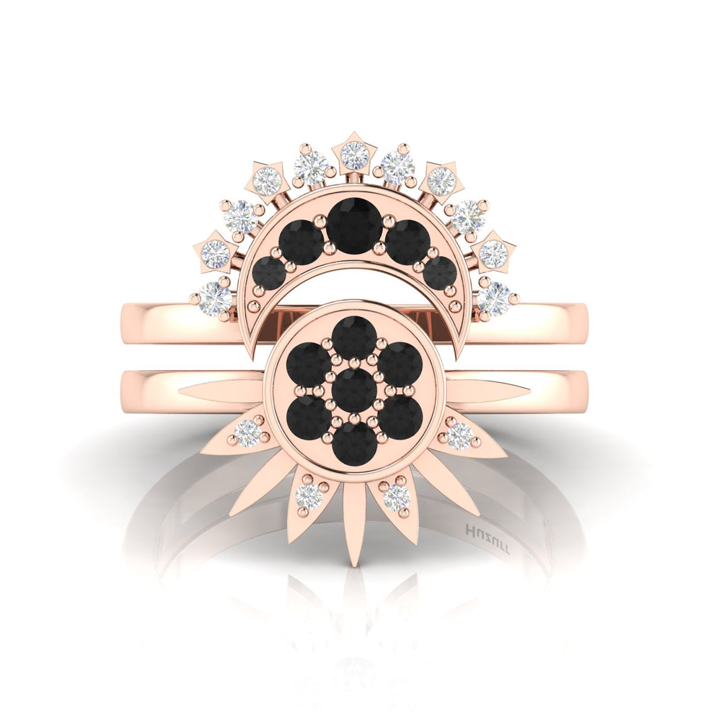 Black Diamond Rose Gold Plated Sun & Moon Double Band Ring