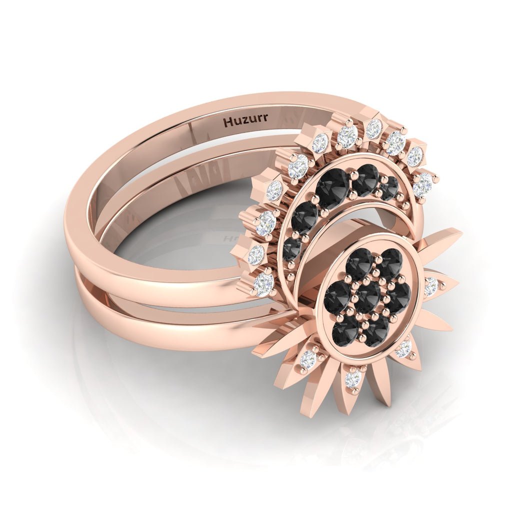 Black Diamond Rose Gold Plated Sun & Moon Double Band Ring