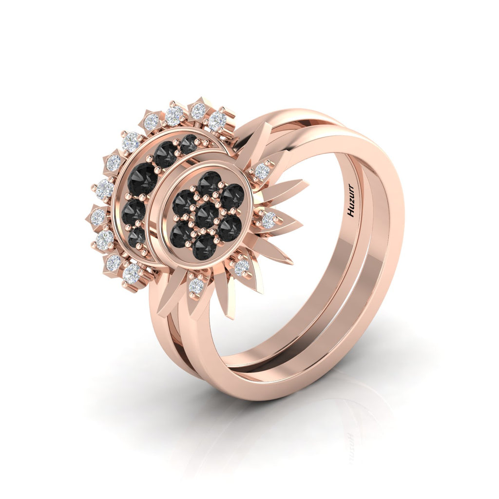 Black Diamond Rose Gold Plated Sun & Moon Double Band Ring