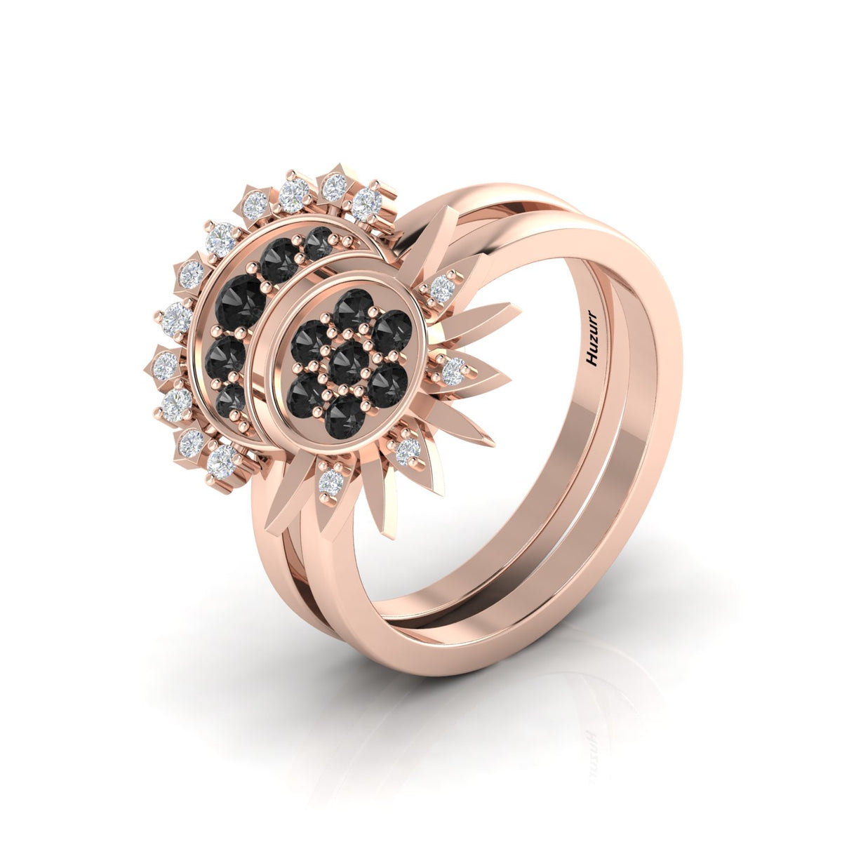 Black Diamond Rose Gold Plated Sun & Moon Double Band Ring