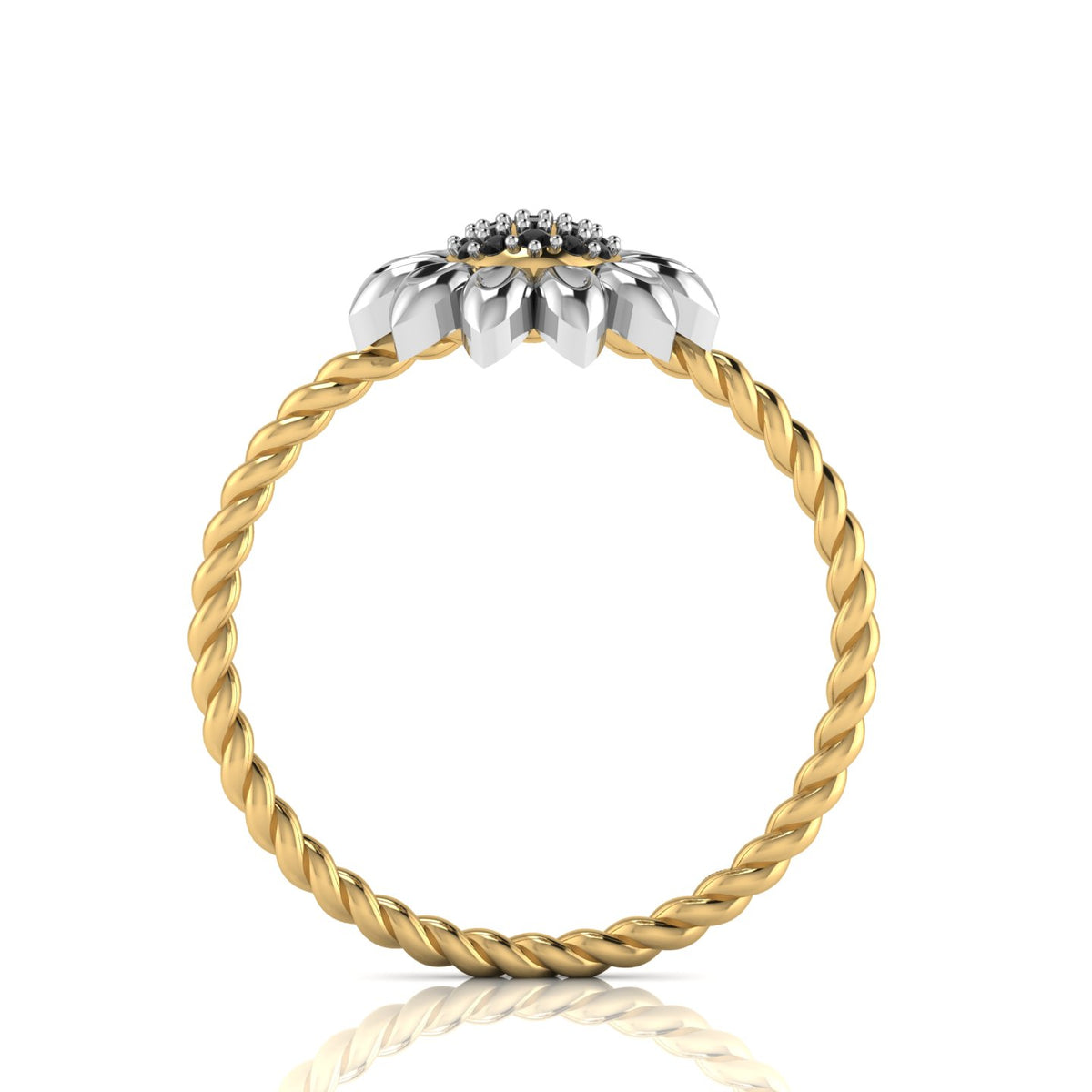 Black Diamond Sun Flower Gold Plated Two Tone Twist Band Ring
