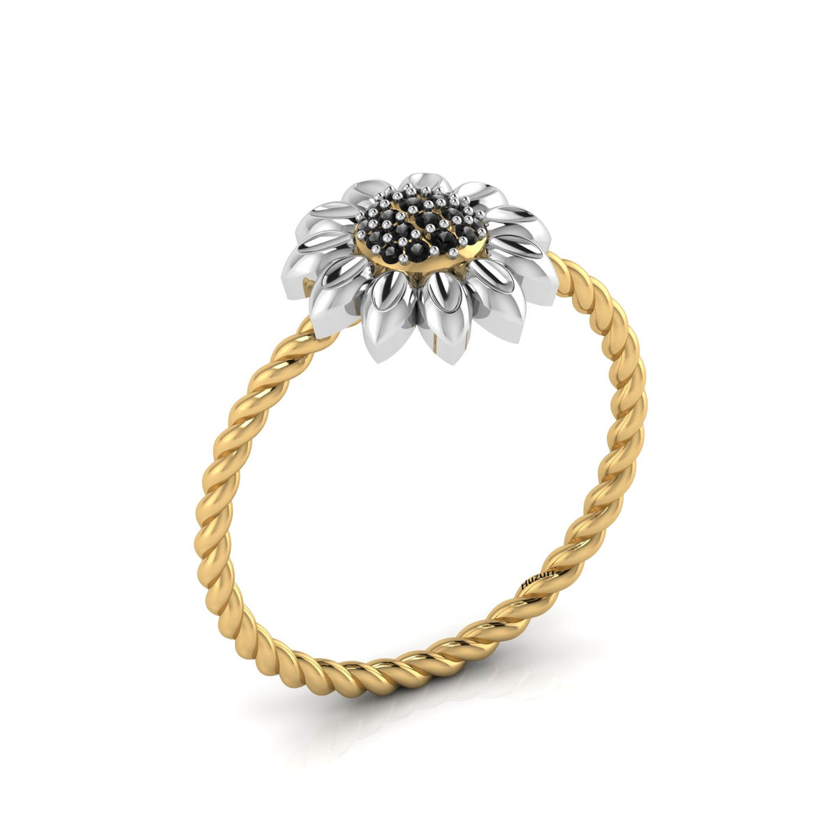 Black Diamond Sun Flower Gold Plated Two Tone Twist Band Ring