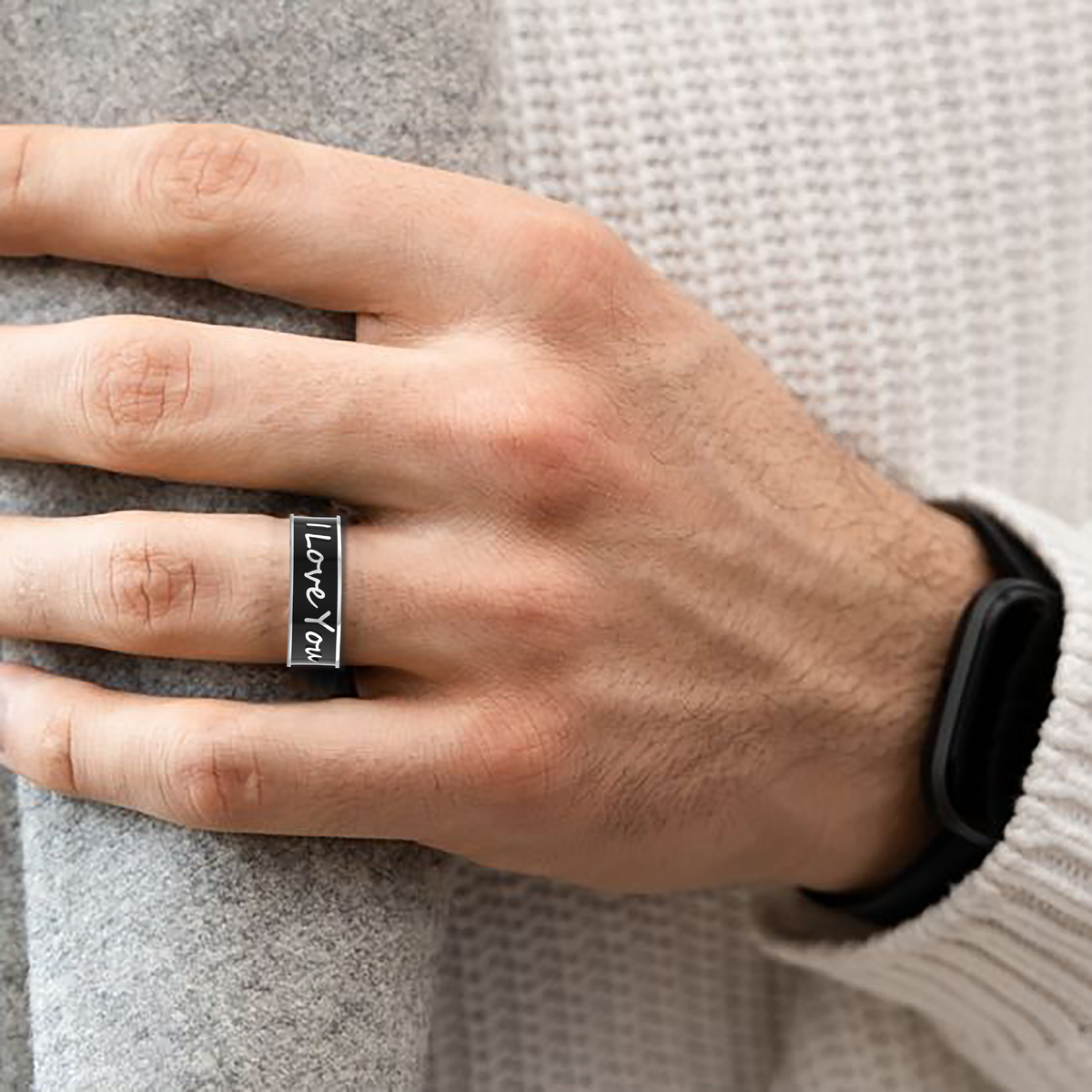 Black Enamel I Love You Band Silver Ring