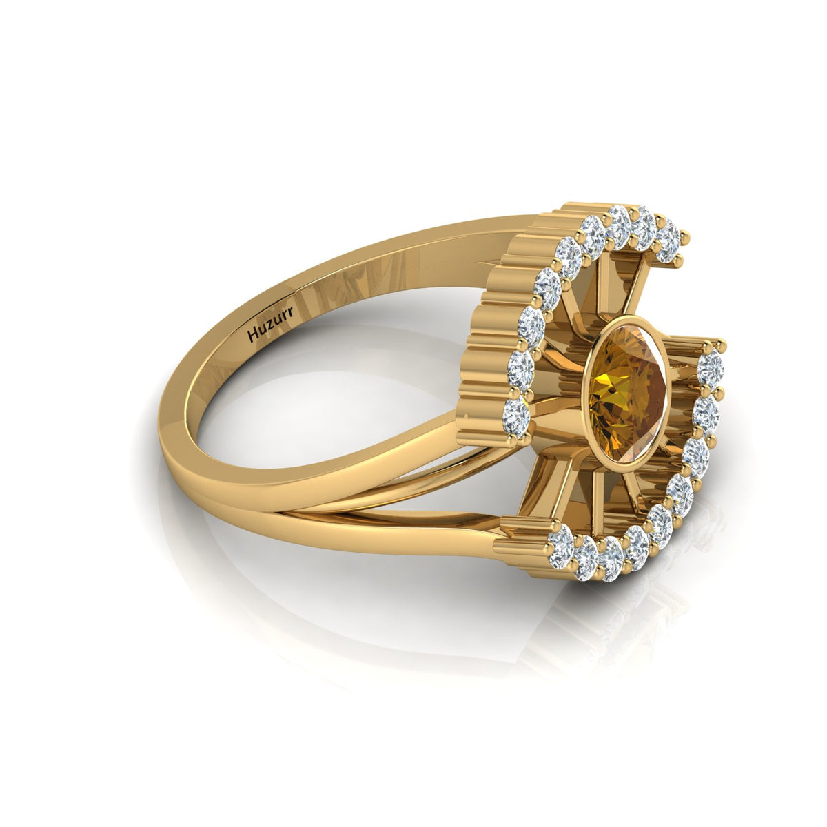 Round Coffee Diamond Sun Rays Style Gold Plated Ring
