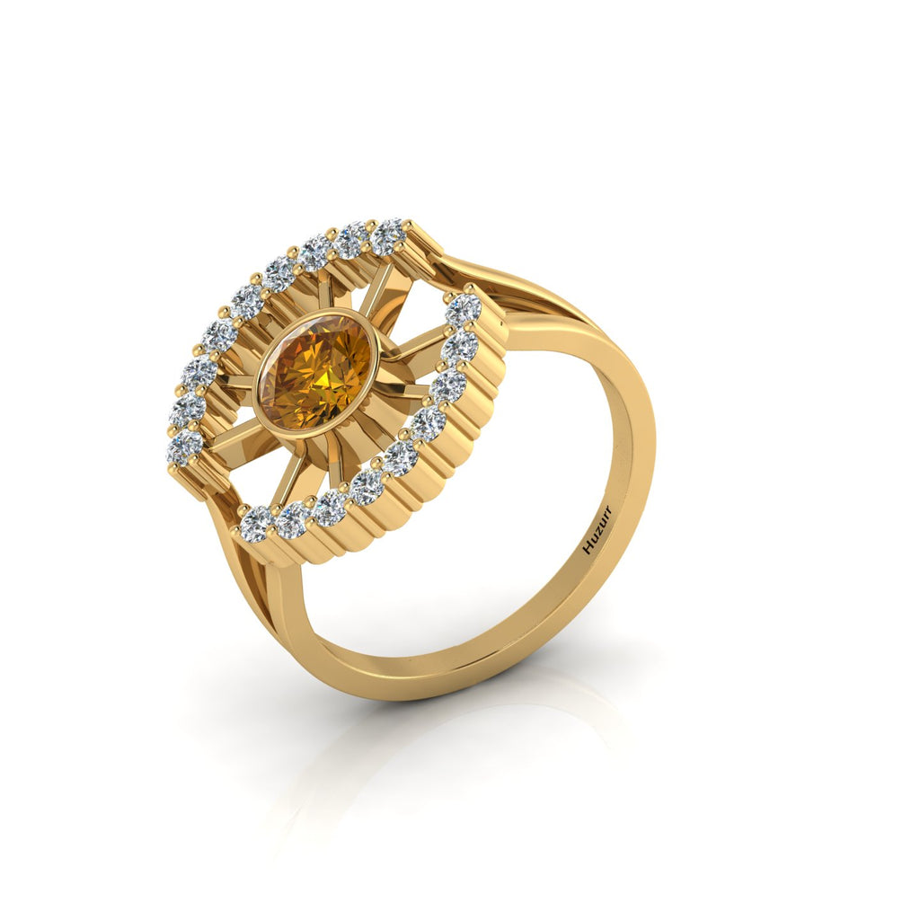 Round Coffee Diamond Sun Rays Style Gold Plated Ring