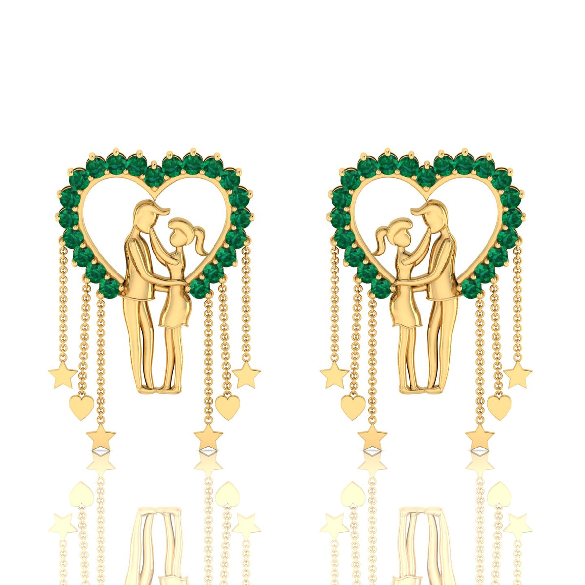 Emerald Couple Heart Gold Plated Hanging Earrings