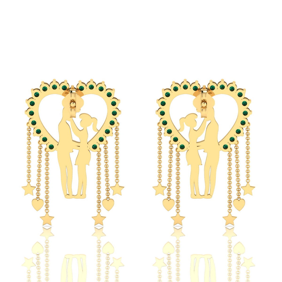 Emerald Couple Heart Gold Plated Hanging Earrings