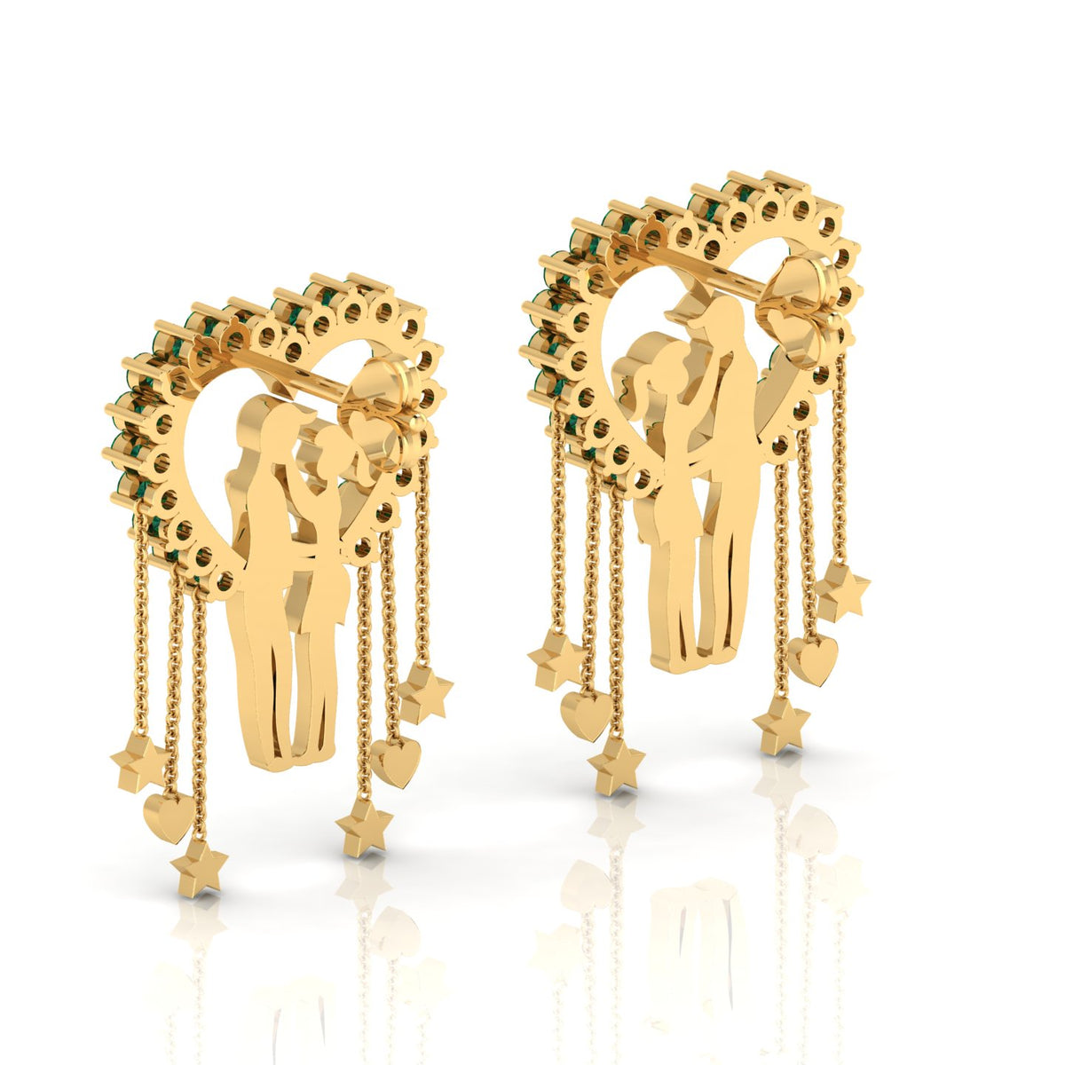 Emerald Couple Heart Gold Plated Hanging Earrings
