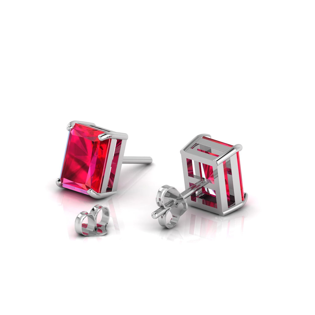 Sterling Silver Emerald-Cut Ruby Solitaire Stud Earrings