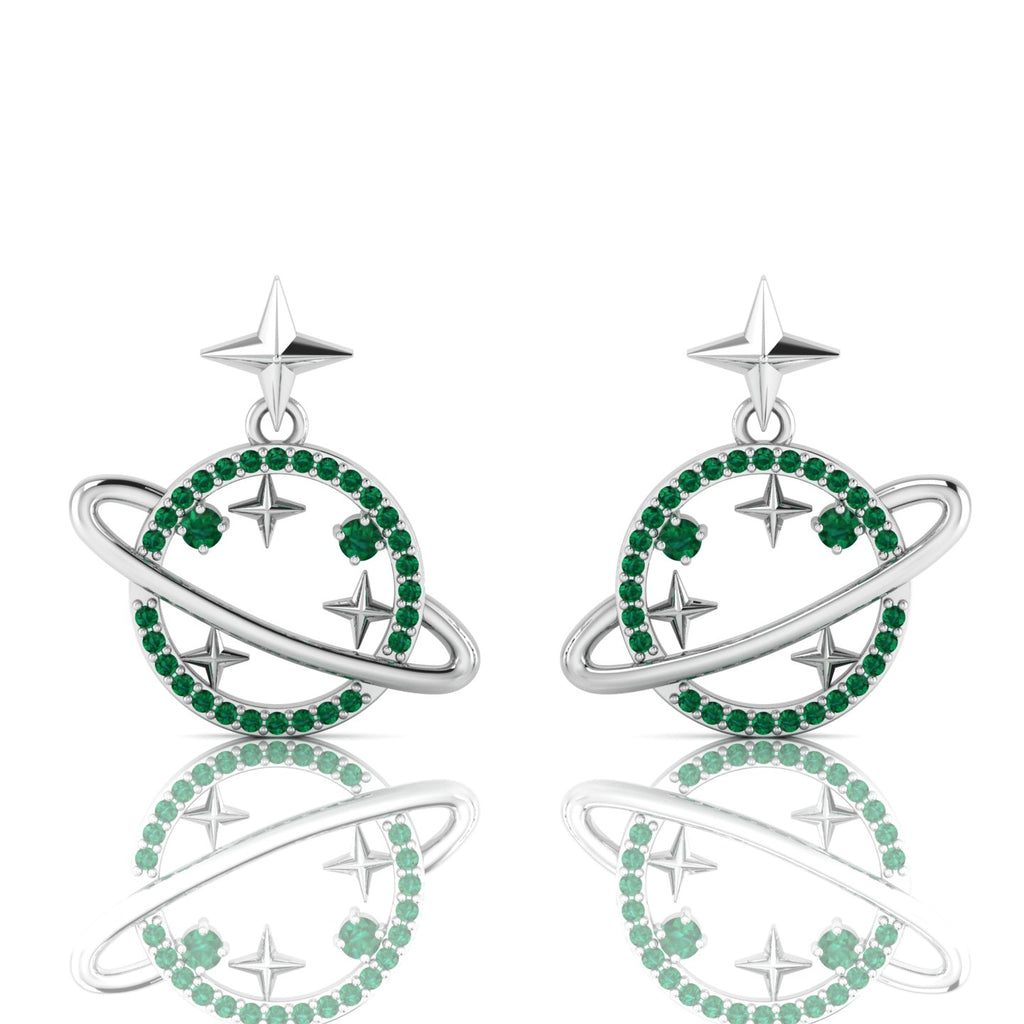 Star Saturn Planet Emerald Sterling Silver Earrings