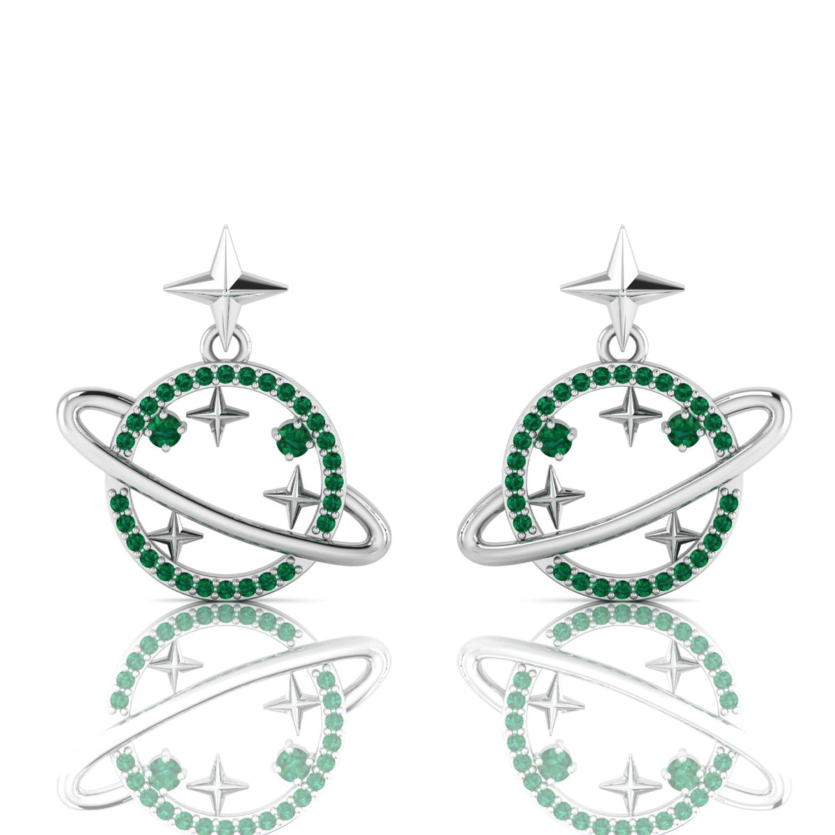 Star Saturn Planet Emerald Sterling Silver Earrings