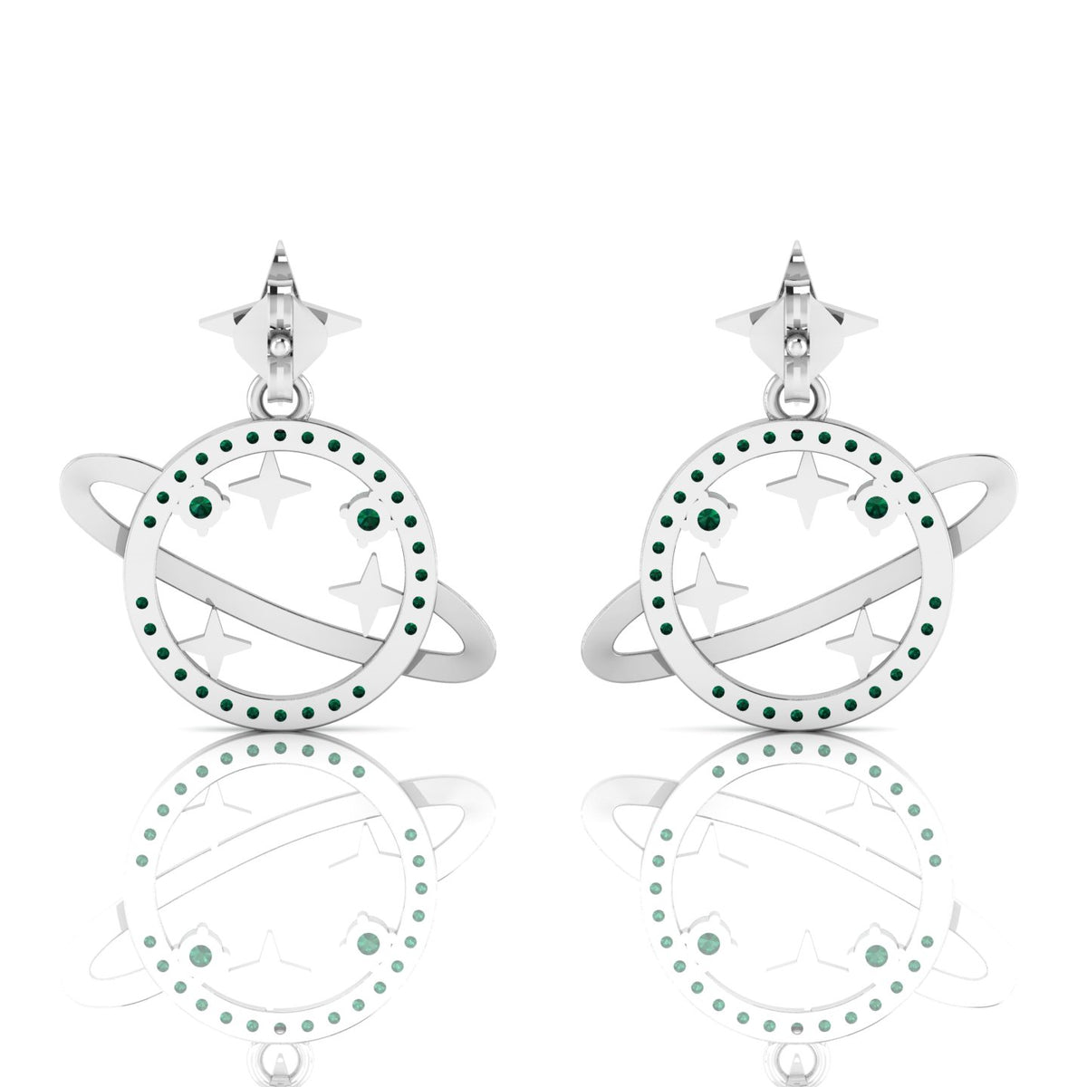 Star Saturn Planet Emerald Sterling Silver Earrings