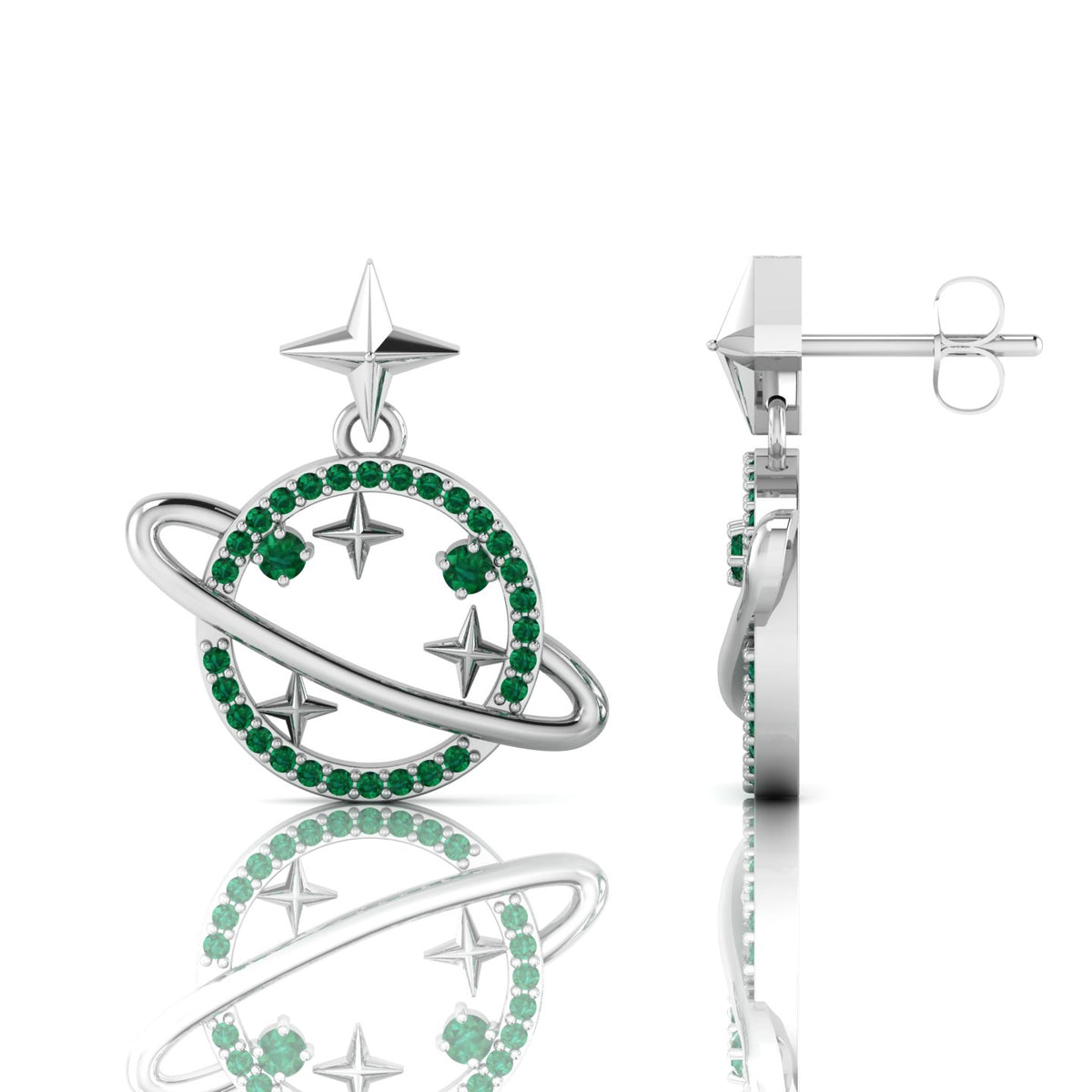 Star Saturn Planet Emerald Sterling Silver Earrings
