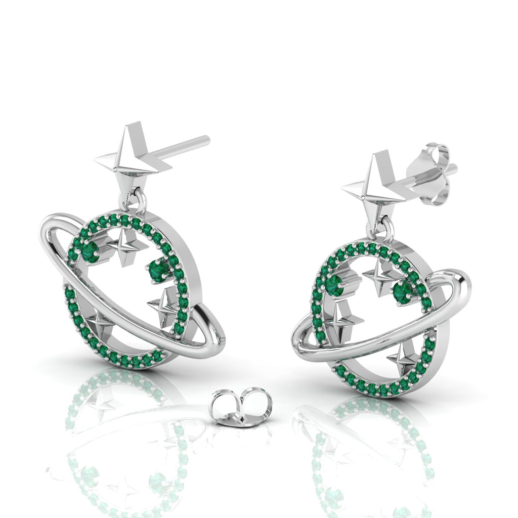 Star Saturn Planet Emerald Sterling Silver Earrings