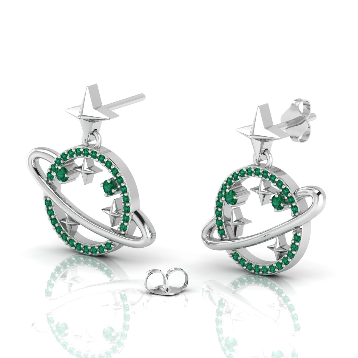 Star Saturn Planet Emerald Sterling Silver Earrings