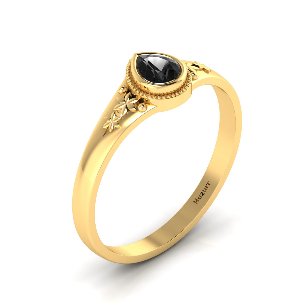 Tear Drop Style Black Diamond Flower Gold Plated Solitaire Ring