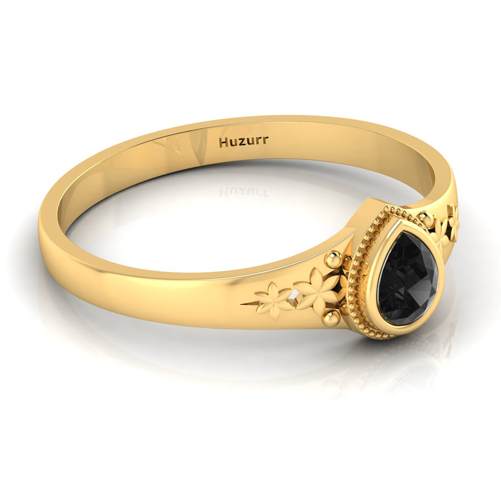 Tear Drop Style Black Diamond Flower Gold Plated Solitaire Ring