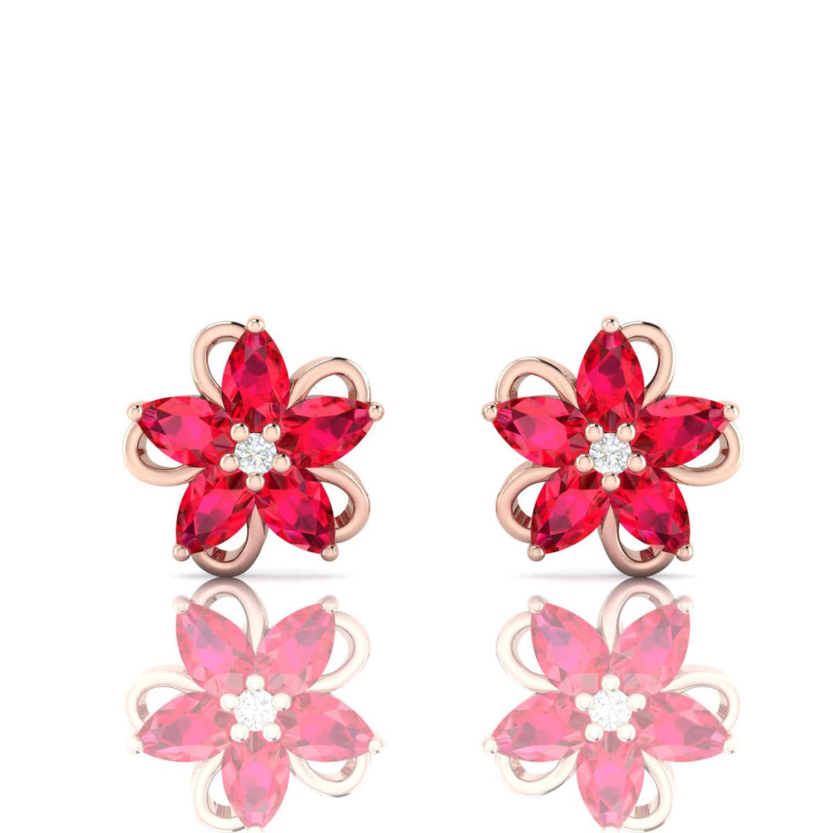 Rose Gold Plated Pear-Cut Ruby Floral Studs Earrings