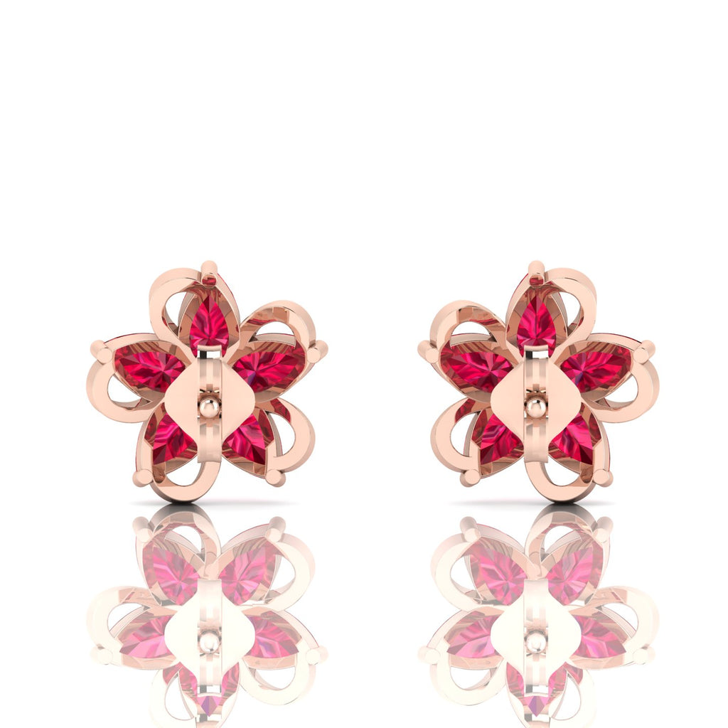 Rose Gold Plated Pear-Cut Ruby Floral Studs Earrings