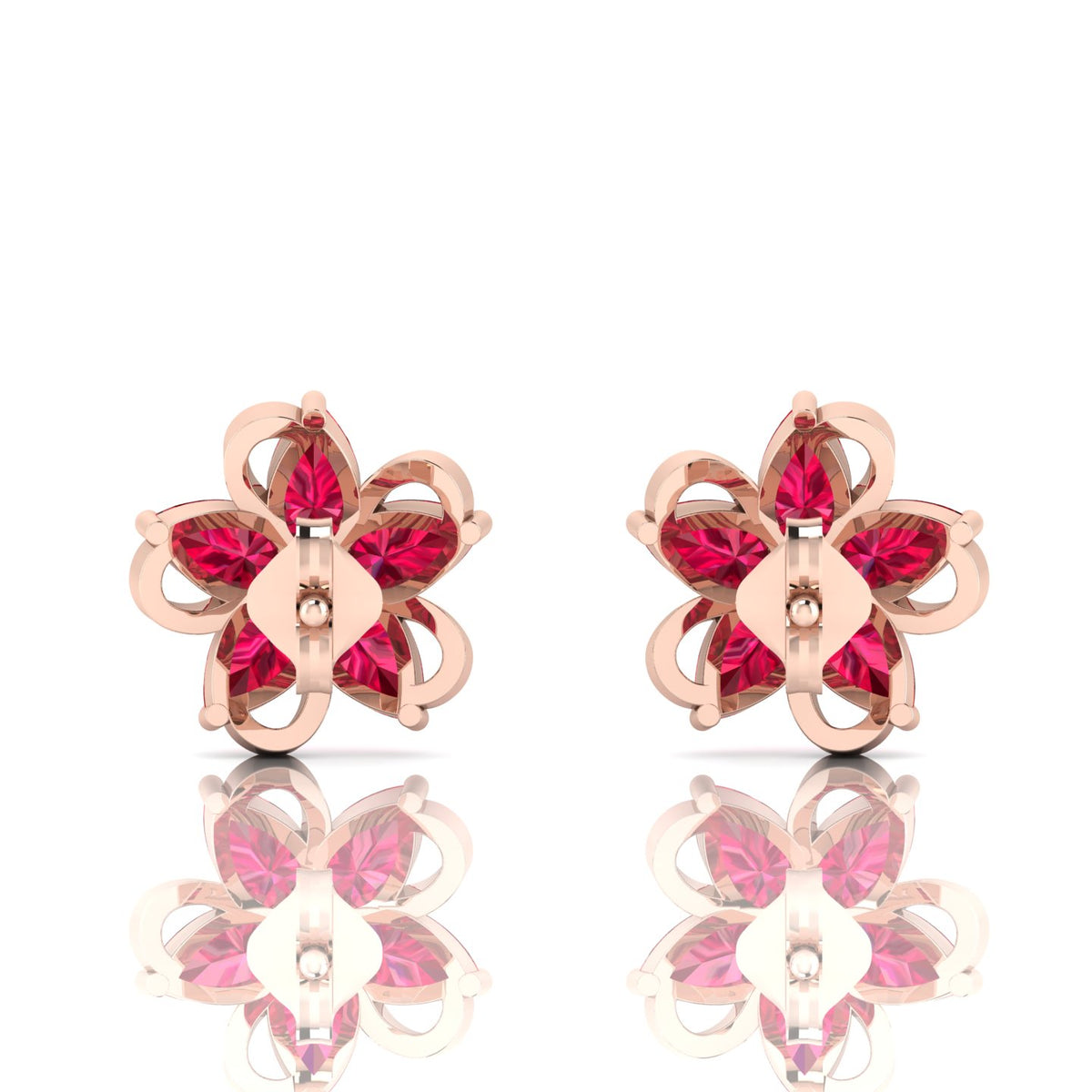 Rose Gold Plated Pear-Cut Ruby Floral Studs Earrings