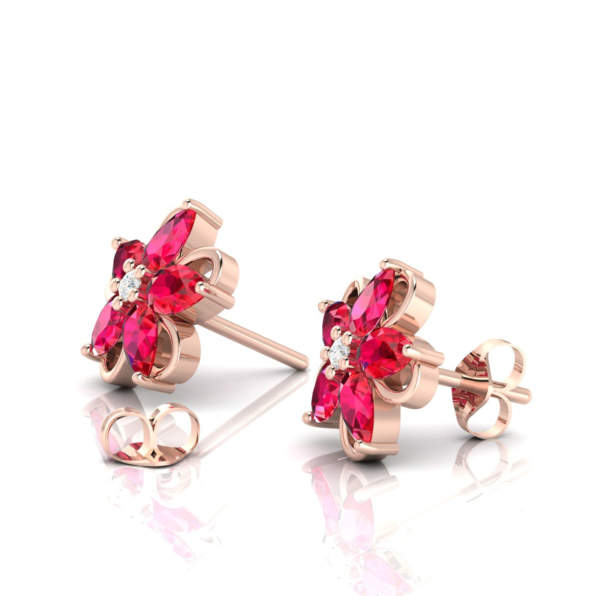 Rose Gold Plated Pear-Cut Ruby Floral Studs Earrings